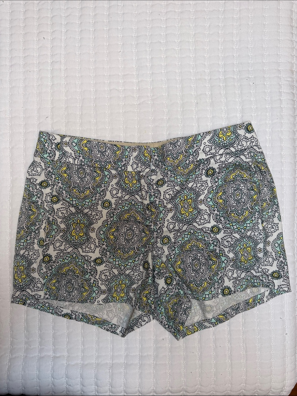 J. Crew White Shorts with Yellow & Teal Medallion Print. Front pockets.